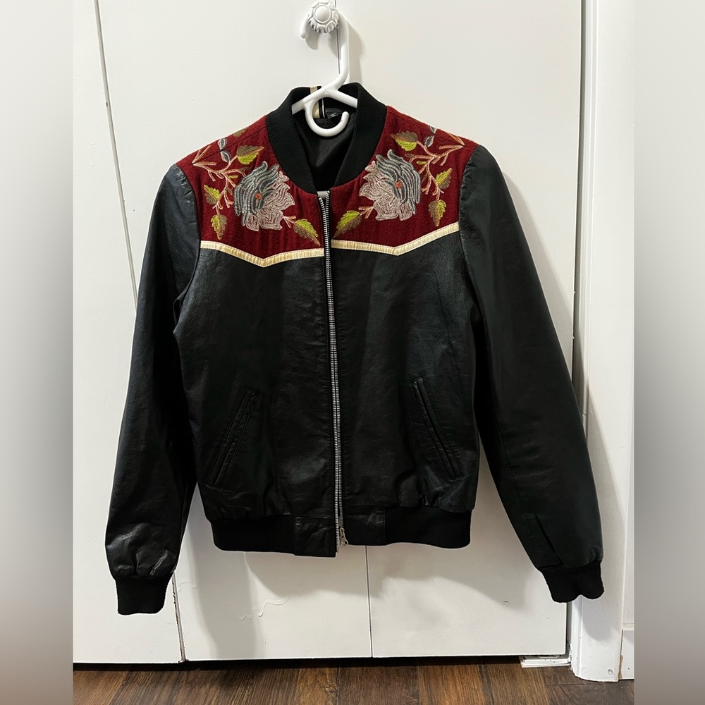 Topshop Genuine Black Leather jacket with Embroidery